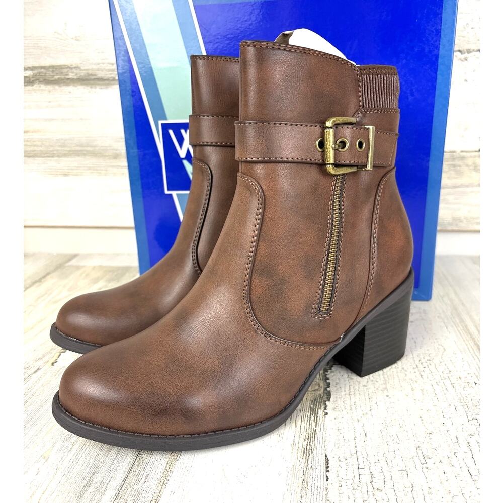 White Mountain Womens 8 Brown Faux Leather Ankle Boots Block Heel Chelsea NEW